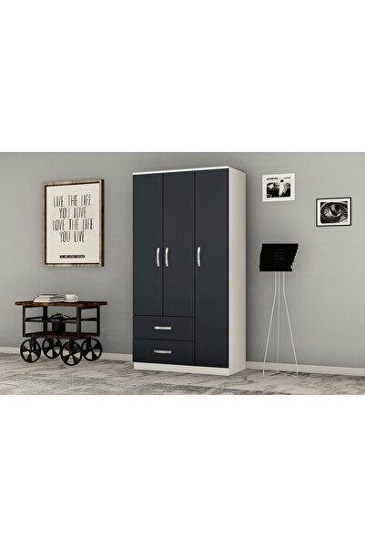 Vivense Modena Gardırop, 3 Kapaklı 2 Çekmeceli, Antrasit Beyaz Gri