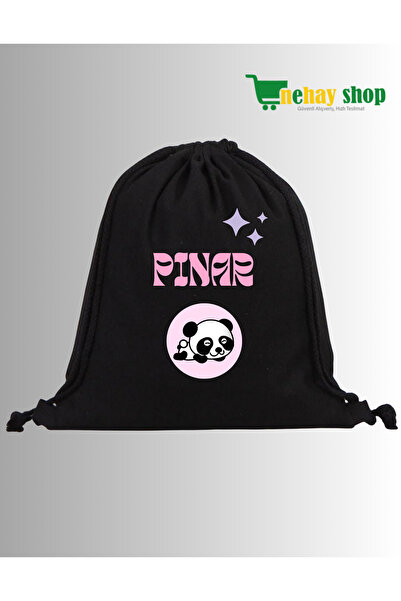 nehay shop İsme Özel Tasarım Panda Baskılı Siyah İpli Bez Çanta - Okul ve Spo...