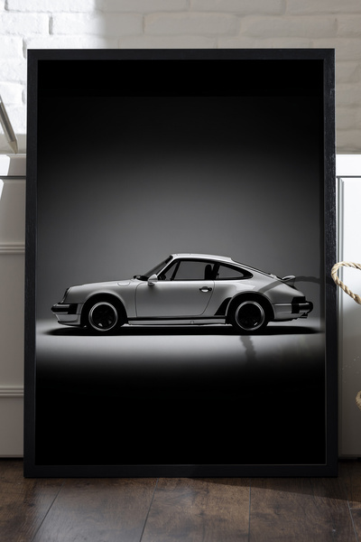 Duvarda Porsche 911 Siyah Ahşap Çerçeveli Poster, Dekoratif Araba Duvar Tablosu