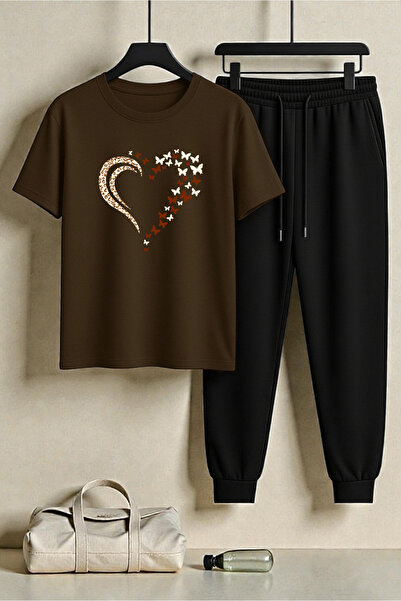 uyguntarz Unisex Leopard Butterfly Heart Design Printed T-Shirt - 2-Piece Tra...