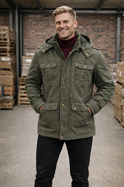 DYNAMO Men's Military Green Hooded Waterproof Fur Lined Cable Coat