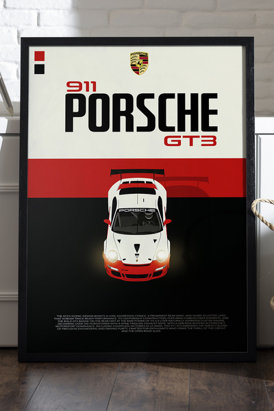 Duvarda Porsche 911 GT3 Siyah Ahşap Çerçeveli Poster, Dekoratif Araba Duvar T...