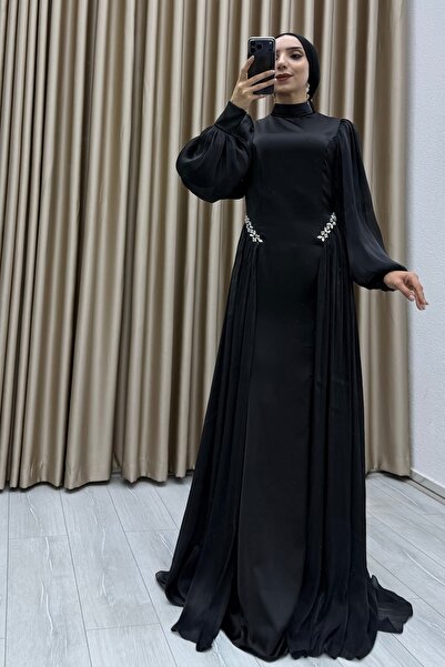 Matik Abiyem Bell Stone Embroidered, Chiffon Pleat Detail, Balloon Sleeves, D Mock Neck Long Length, A-Line Elegant Evening Dress