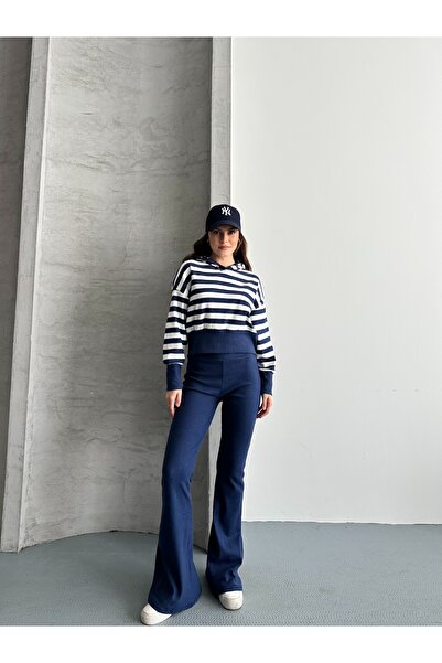 eyyebelle Women's Hooded Striped Sweat Flared Leggings Double Set