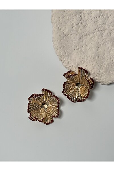 Ladies&Gentlemen Gold Color Leaf Textured Flower Earrings – Burgundy Enamel D...