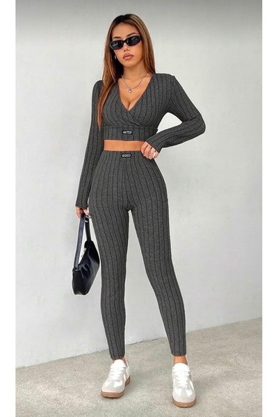 LUVIENNA Women's Light Anthracite Ribbed V-Neck Crop Top and High Waist Leggings Set