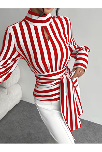 BALVA KONSEPT KIRMIZI BEYAZ ÇİZGİLİ BELDEN KUŞAKLI GÖMLEK BLUZ