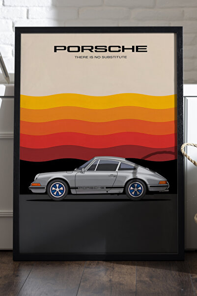Duvarda Porsche 911 Siyah Ahşap Çerçeveli Poster, Dekoratif Araba Duvar Tablosu