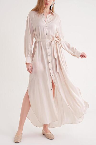 SOCIETA Pudra Kemerli rahat uzun gömlek elbise 94555