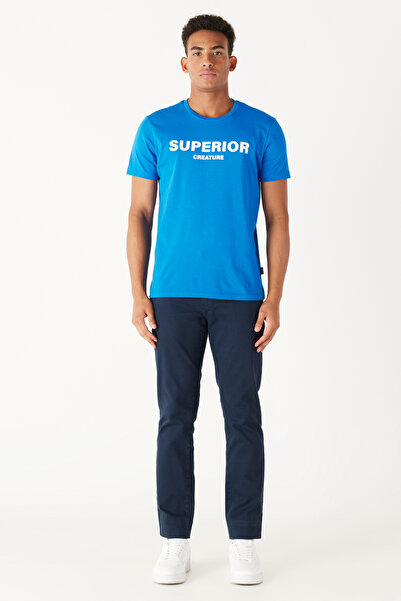 AC&Co / Altınyıldız Classics Cobalt Blue Slim Fit Slim Fit Crew Neck 100% Cotton Slogan Printed T-Shirt