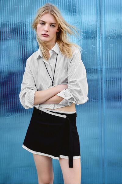 Pull & Bear Çizgili cepli crop gömlek