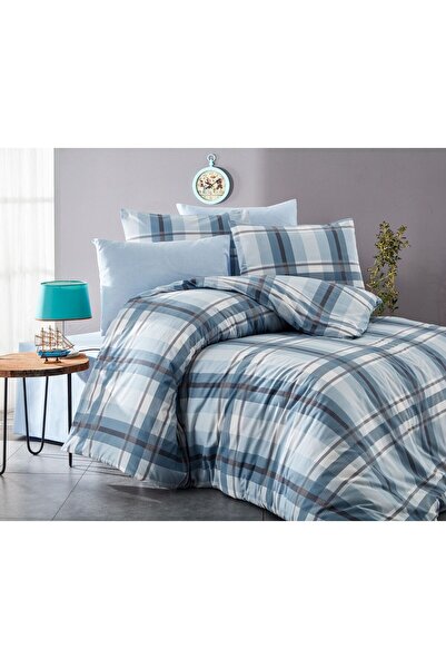 Bella Home Single Plaid Ranforce Duvet Cover Set - Elastic-Free Sheet Blue