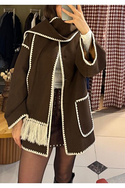 LOVENT BUTİK el işlemeli püskül detaylı atkılı oversize kaban