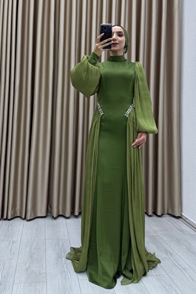 Matik Abiyem Bell Stone Embroidered, Chiffon Pleat Detail, Balloon Sleeves, D Mock Neck Long Length, A-Line Elegant Evening Dress