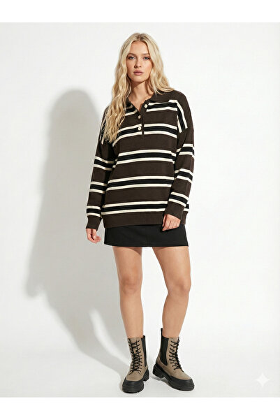 ribana Women's Striped Buttoned Polo Neck Women's Knitwear Oversized Kalıp Lo...