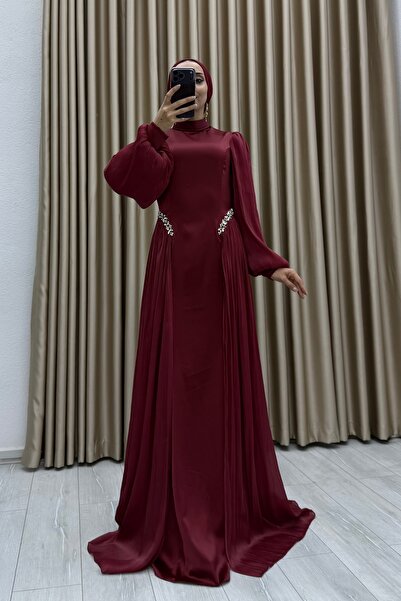 Matik Abiyem Bell Stone Embroidered, Chiffon Pleat Detail, Balloon Sleeves, D Mock Neck Long Length, A-Line Elegant Evening Dress