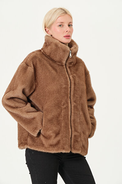 PIQUE Women's Coat Women's Faux Fur Suede Laminated Leopard Pattern Zippered Jacket