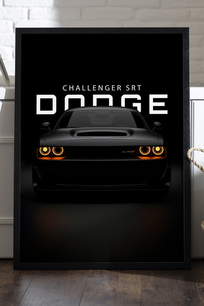 Duvarda Dodge Challenger SRT Siyah Ahşap Çerçeveli Poster, Dekoratif Araba Du...