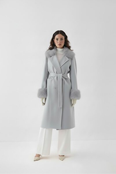 Gülşah collection Fur Collar Cashmere Coat - Gray