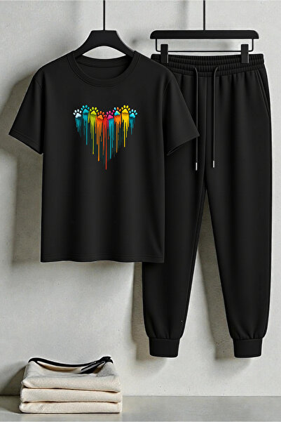 uyguntarz Unisex Cute Paws Design Printed T-Shirt - 2-Piece Tracksuit Set