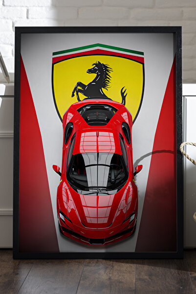 Duvarda Ferrari SP48 Siyah Ahşap Çerçeveli Poster, Dekoratif Araba Duvar Tablosu