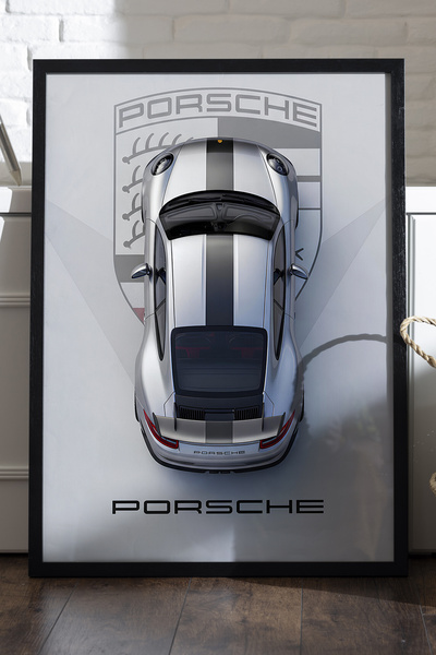 Duvarda Porsche 911 Siyah Ahşap Çerçeveli Poster, Dekoratif Araba Duvar Tablosu