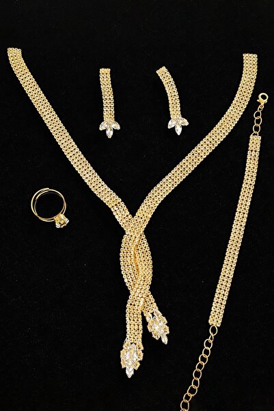 TAKIŞTIR Altın Renk Taş Detaylı 4'lü Abiye Set