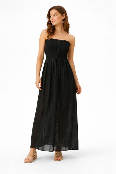 Sinhan Women's Wrinkled Fabric Strapless Chest Part Elastic Long Transparent Beach Dress