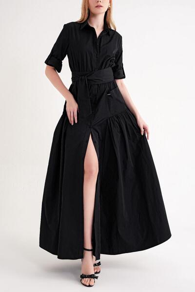 SOCIETA Siyah Büzgülü uzun tafta elbise 94646 RPT