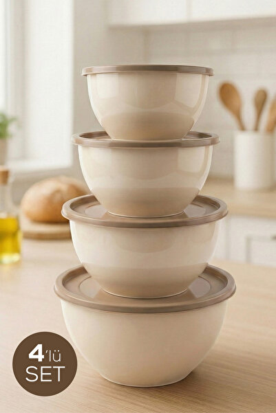 Vienev 4'lü Yuvarlak Kase Seti Bej | 1l, 1.5l, 2.3l, 3.3l | Kapaklı Çok Amaçl...