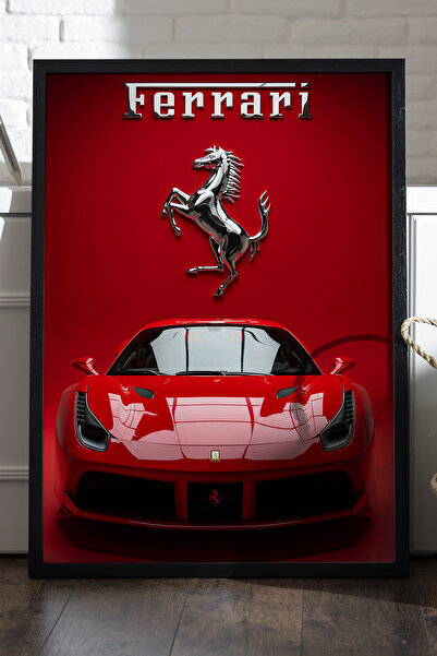 Duvarda Ferrari 488 GTB Siyah Ahşap Çerçeveli Poster, Dekoratif Araba Duvar T...
