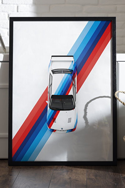 Duvarda BMW E30 Siyah Ahşap Çerçeveli Poster, Dekoratif Araba Duvar Tablosu
