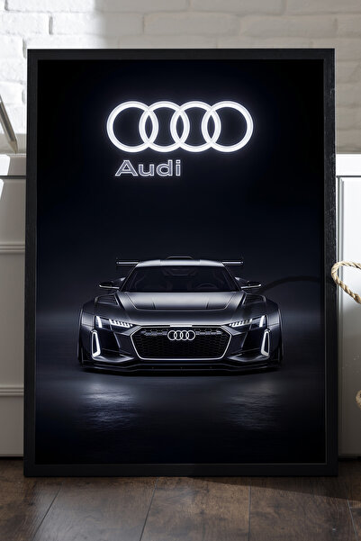 Duvarda Audi R8 Siyah Ahşap Çerçeveli Poster, Dekoratif Araba Duvar Tablosu