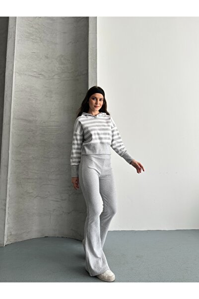 eyyebelle Women's Hooded Striped Sweat Flared Leggings Double Set