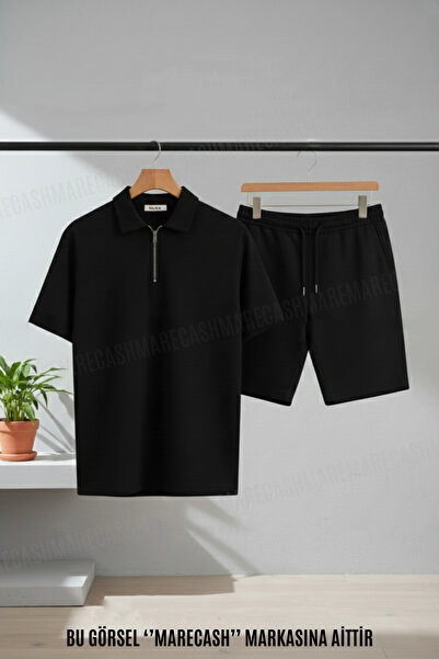 MARECASH Unisex Polo Yaka T-Shirt Şort Takım Oversize Vorteks Kumaş Yazlık Kumaş
