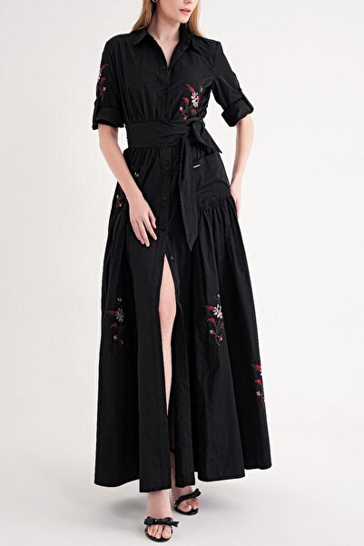 SOCIETA Siyah Nakışlı uzun tafta elbise 94643 RPT