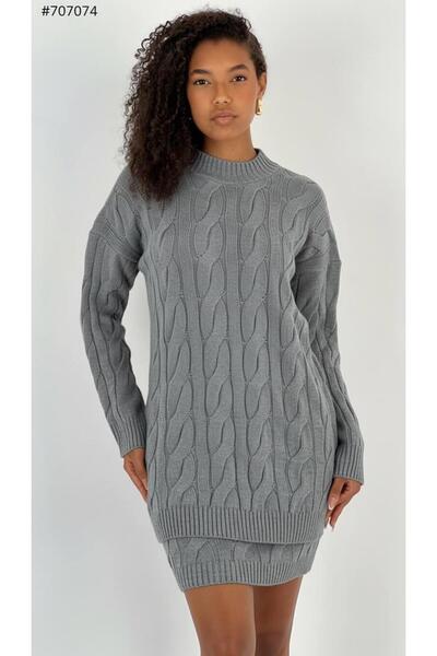 Miss Poem Women's Hair Braid Patterned Knitted Anthracite Tunic Skirt Set