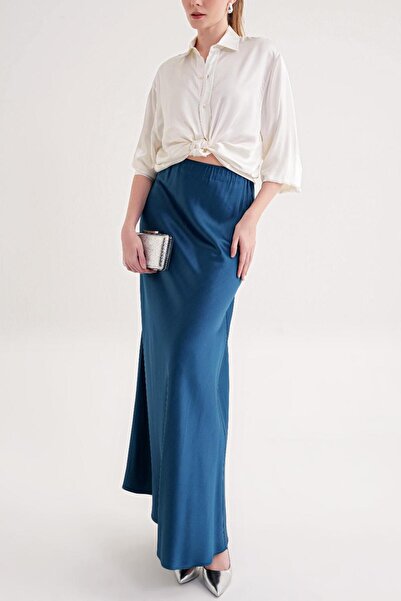 SOCIETA Petrol Beli lastikli uzun saten etek 81331