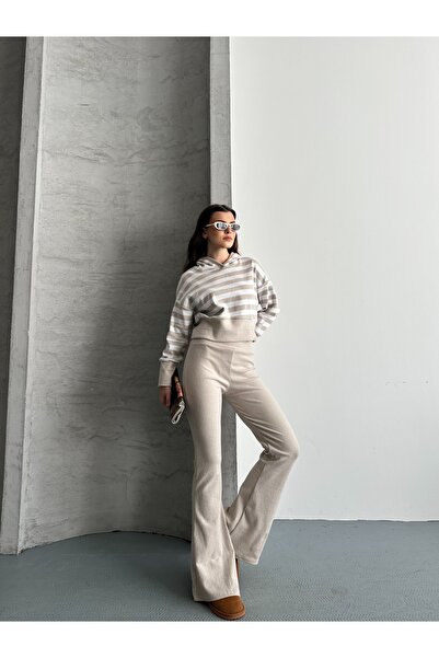 eyyebelle Women's Hooded Striped Sweat Flared Leggings Double Set