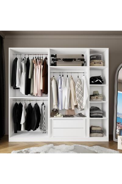 Bimossa KD5040 GOSS 225 cm, 3 Askılı, 2 Çekmeceli Dar Raflı Beyaz Giyinme Dolabı