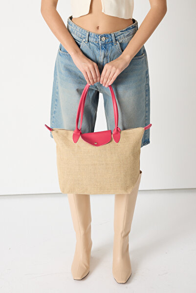 Tonny Black Women's Fuchsia Medium Size Straw Hand and Shoulder Bag with Strap