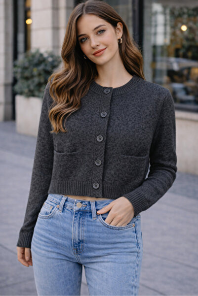 RTD&VLD Kadın Vita-266 Bolina Bisiklet Yaka Gizli Cep Düğmeli Triko Hırka Ant...