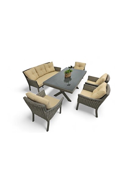 Vivense PREMİUM OKYANUS RATTAN BAHÇE YEMEK MASASI TAKIMI, 7 KİŞİLİK