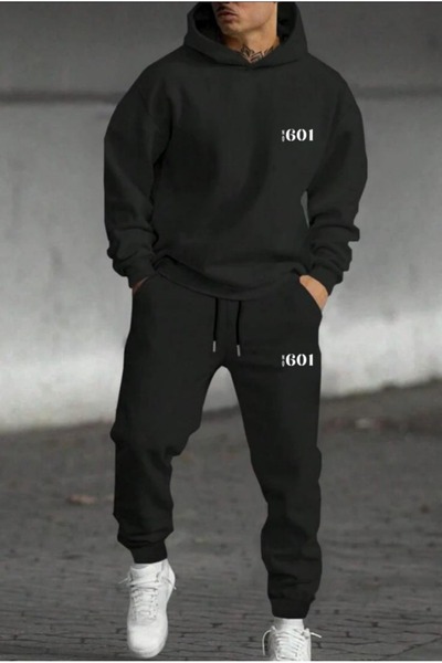 CAST COLLECTİON طقم رياضي رجالي أسود رقم 601 مطبوع بغطاء للرأس