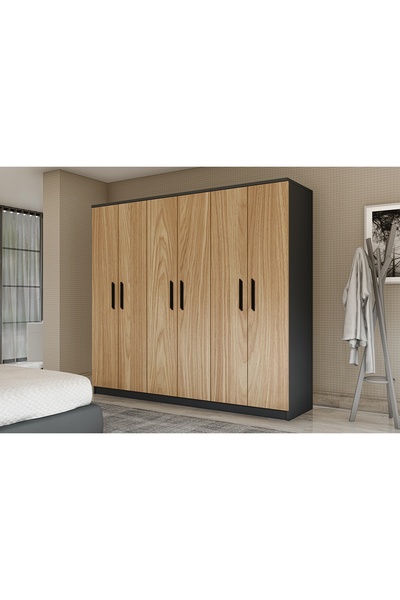 Vivense GM 087 GARDIROP, 6 KAPAKLI AYNASIZ, SONOMO ANTRASİT