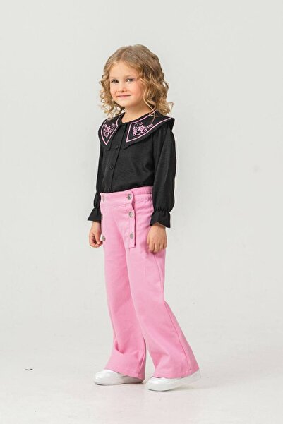 ARBİ kids Copil de sex feminin guler tip Peter Pan cămașă de in pantaloni roz gabardină costum din două piese de calitate elegantă