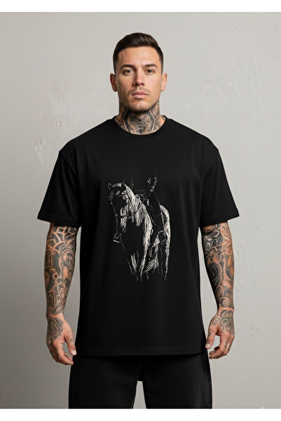 LORVEX تي شيرت من القطن للجنسين من Cowboy and Horse Visual مطبوع قصة فضفاضة -...