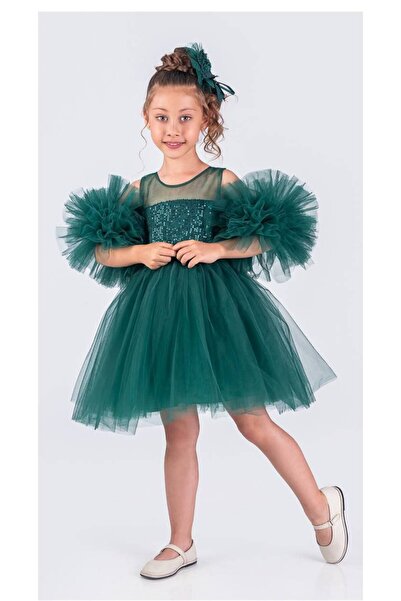 Lily and Co فستان سهرة للفتيات بأكمام بومبوم مزين بالترتر والتول