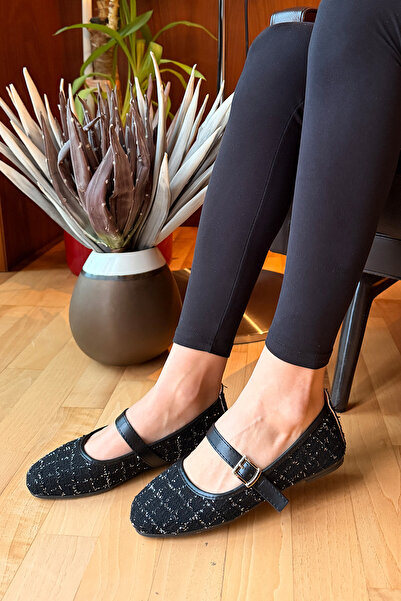 RENKLİBUTİK Pantofi casual din țesătură tweed pentru femei, cu cataramă elega...