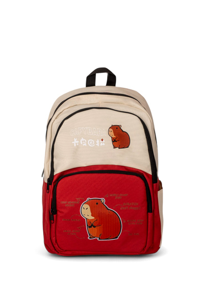 Tonny Black Детска унисекс кремаво-червена раница с принт на катерица